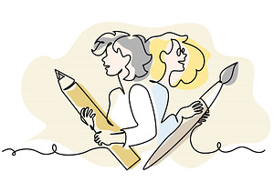 Two young women girls hold big, a Person Illustration by Valenty