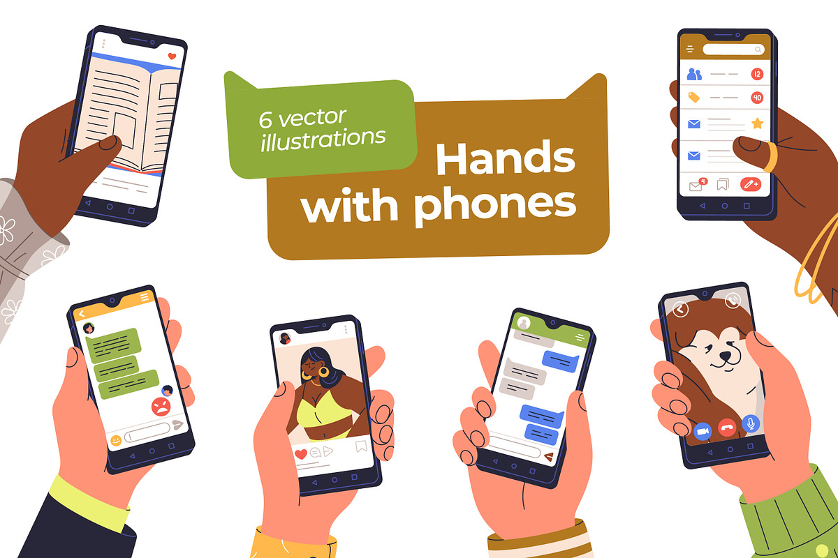 Hands with smartphone screens set, a Technology Illustration by Good Studio (Photo 1 of 4)