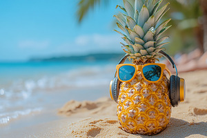 Pineapple wearing headphones and sunglasses enjoys a sunny beach day by the sho, a Photo by AlyaAnd