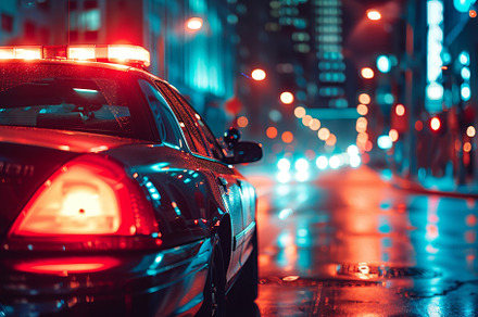 A police car stands stationary on a, a Photo by Tanuart