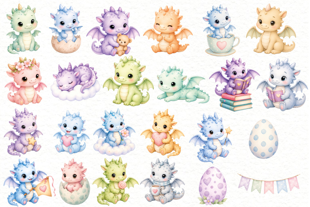 Cute Dragon Clipart PNG Bundle, an Animal Illustration by Villa 11 Estudio (Photo 2 of 3)