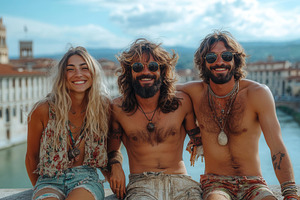 Friends enjoying a sunny day by the, a Photo by Tanuart