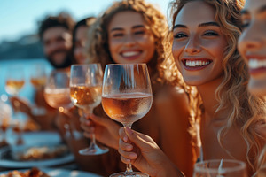 A group of joyful young adults enjoy an outdoor celebration, raising glasses fi, a Person Photo by ImageMir