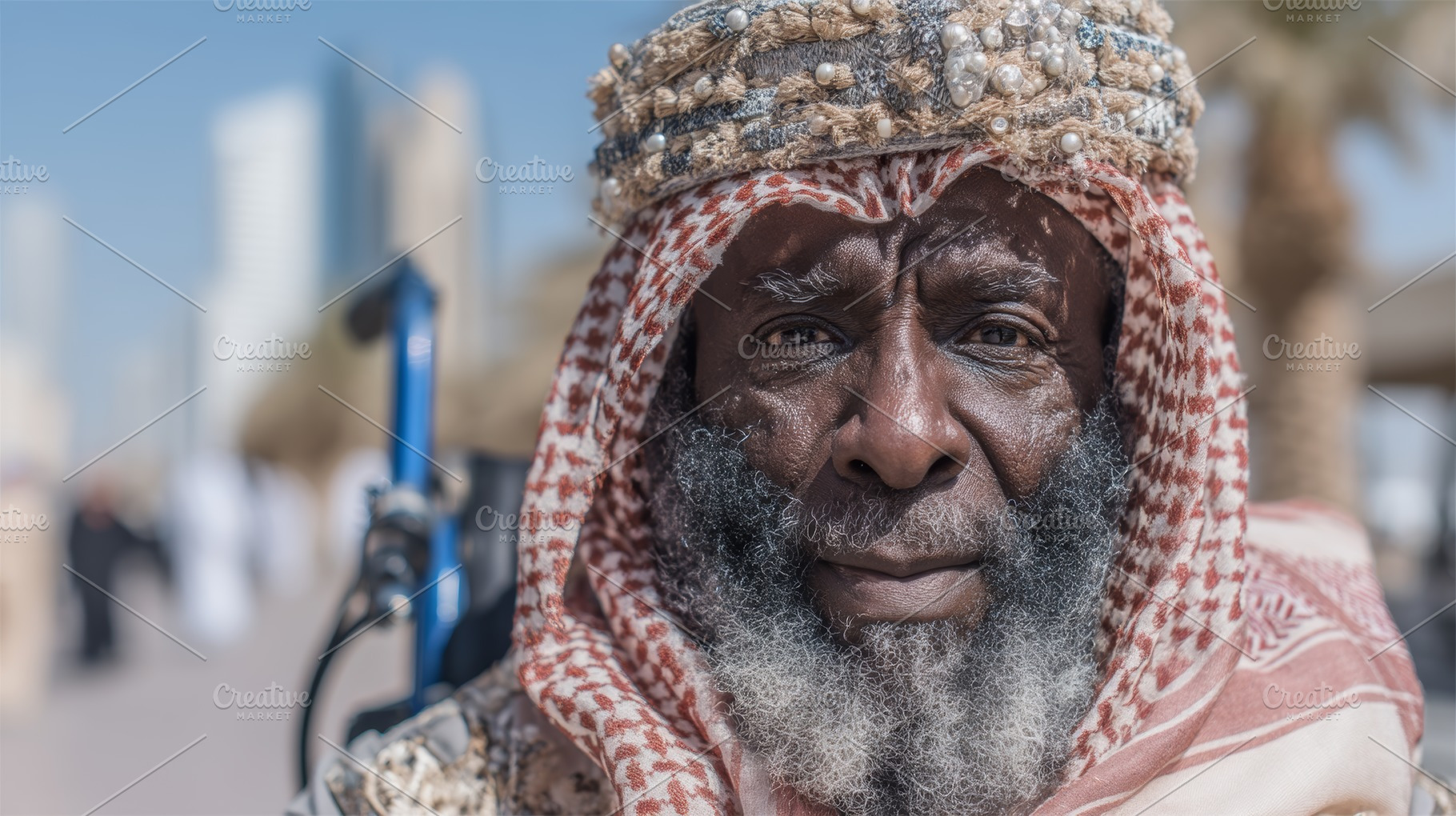 Elderly arabian man in traditional attire outdoors with urban background and br, a Photo by AS photostudio