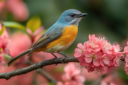 Beautiful small bird on a flowering tree branch, an Animal Photo by AlyaAnd