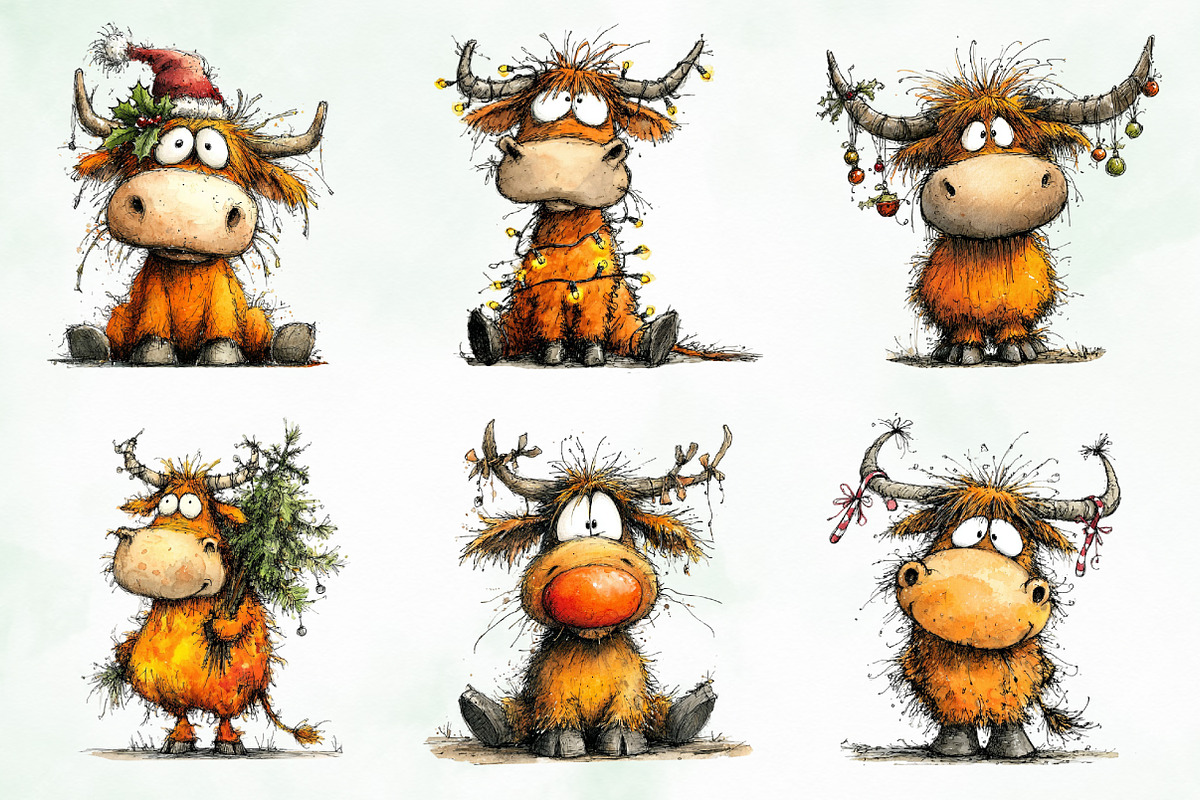 Grumpy Christmas Highland Cow Bundle, an Illustration by Creative Art (Photo 3 of 11)