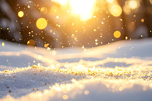 Golden sparkles shining above snow in warm sunlight, a Holiday Photo by GoodGoods
