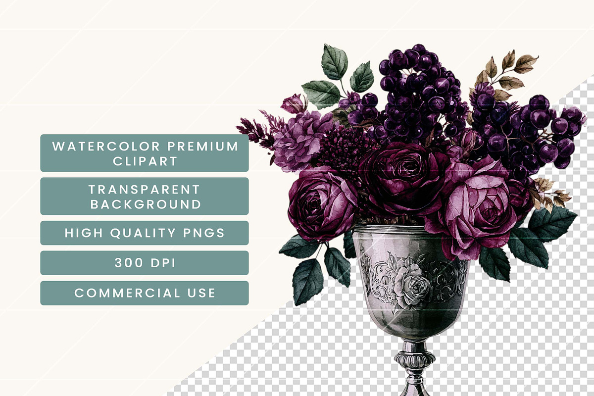 Dark Floral Watercolor Clipart, a Decorative Illustration by BusyDaydesign (Photo 7 of 9)