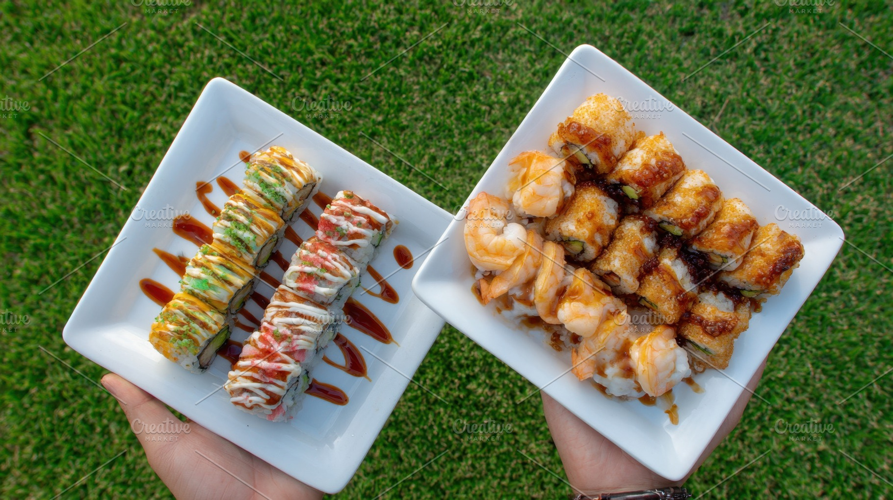 Sushi rolls on plates held in hands, a Photo by Beautiful things