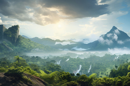 Tropical jungle with river and mountains under blue sky natural, a Photo by Dvoevnore photos