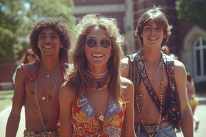 Three young adults, two males and a female, dressed in vibrant bohemian attire, a Person Photo by ImageMir