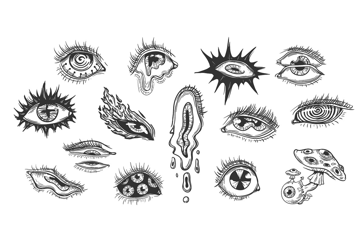 Groovy deformed human eyes sketch, a Decorative Illustration by Ksania
