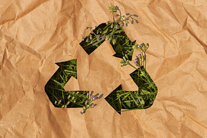 Recycle symbol cut on crumpled paper with grass, circular econom, a Photo by salmon.black