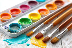 Vibrant watercolor paints and brushes on wooden surface, an Arts & Entertainment Photo by AlyaAnd