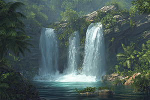 Waterfalls flow into a natural pool, a Photo by Pavel_design