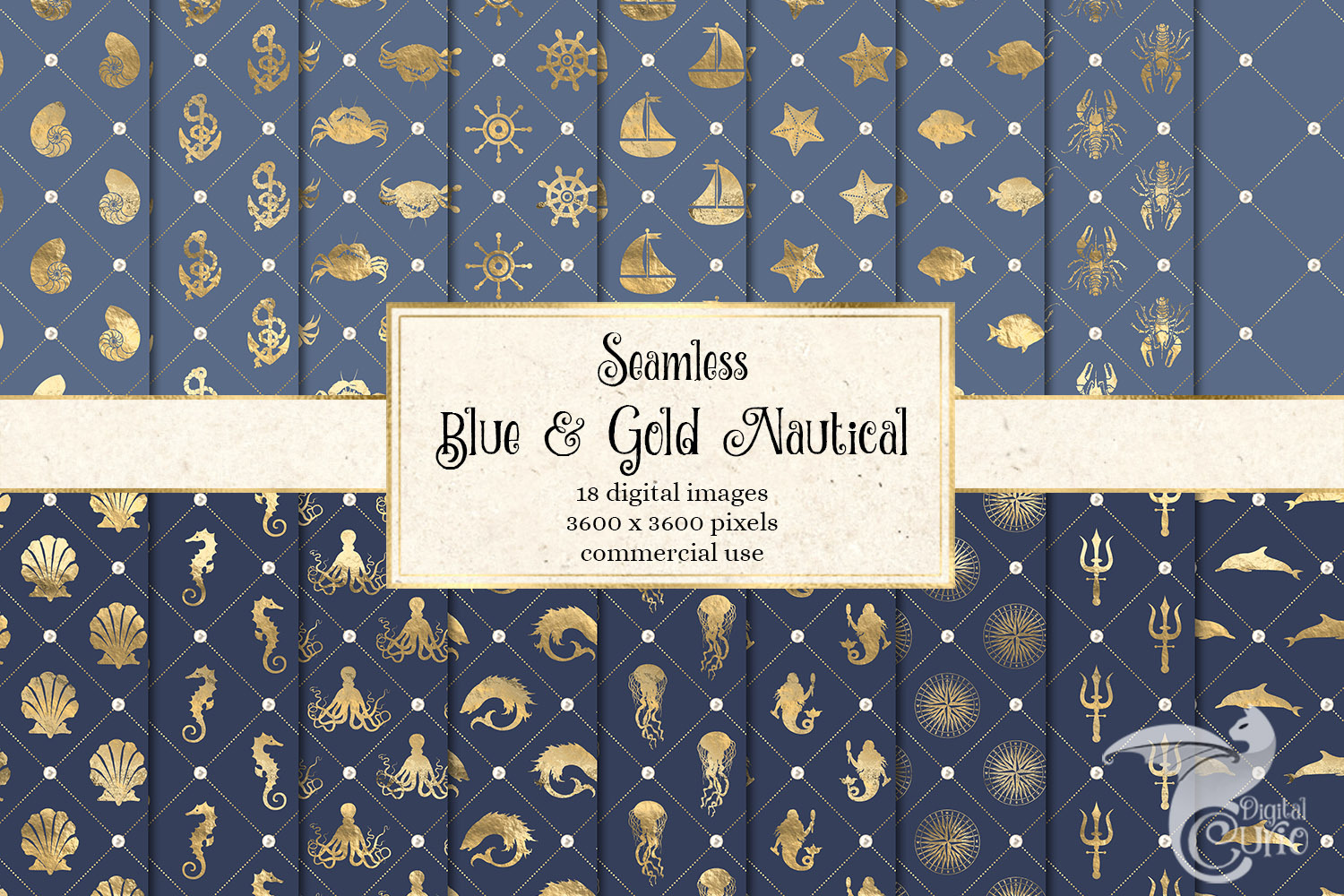 Blue and Gold Nautical Digital Paper, a Pattern Graphic by Digital Curio