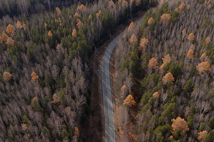 Curve asphalt road with cars between autumn forest in Ural
