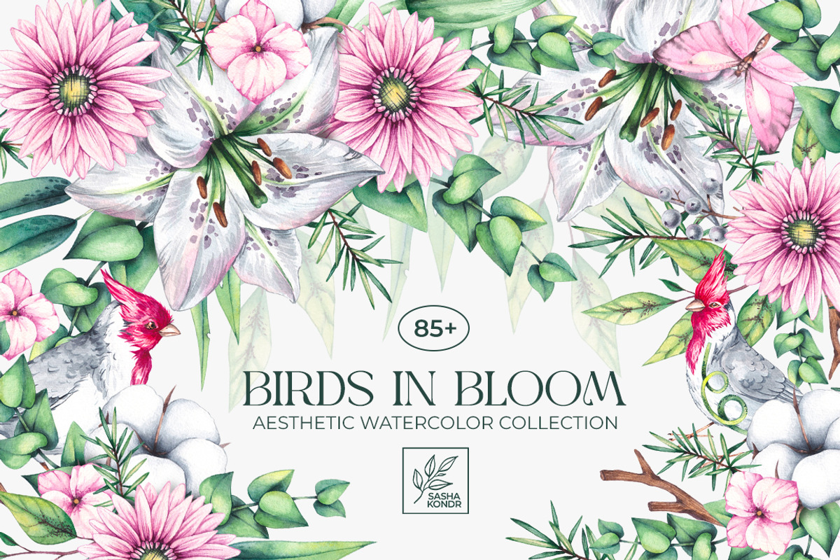 Birds in Bloom Watercolor Floral set, an Animal Illustration by SashaKondr (Photo 1 of 17)