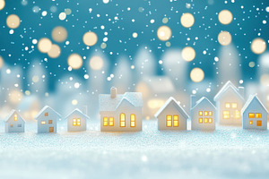 Miniature snow-covered houses glowing warmly against a backdrop of festive boke, a Holiday Photo by Mashimara