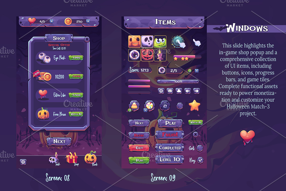 Halloween Match-3 Game UI Kit, an UI Kit Template by Nearbirds (Photo 6 of 7)