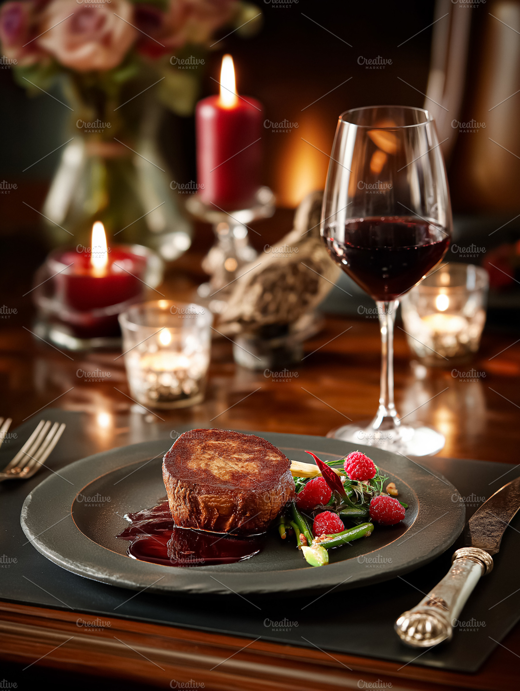 Elegant filet mignon steak dinner with red wine, celebrating romance and fine d, a Food & Drink Photo by Studio ANNA