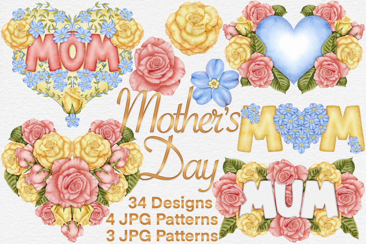 Mothers Day floral set., a Seasonal Illustration by Happy Sloth Graphics (Photo 1 of 10)