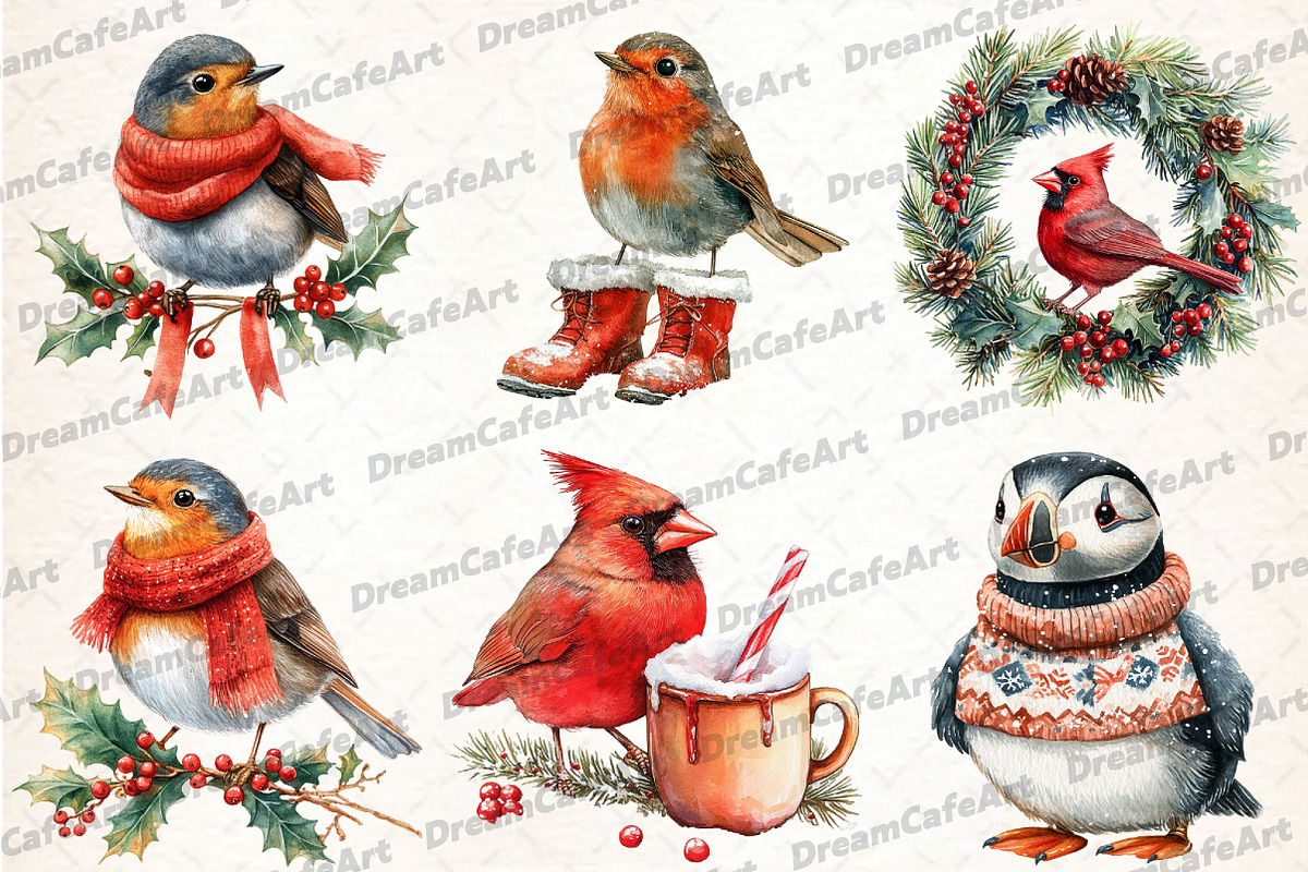 Christmas Birds Sublimation Clipart, an Illustration by DreamCafeArt (Photo 2 of 7)
