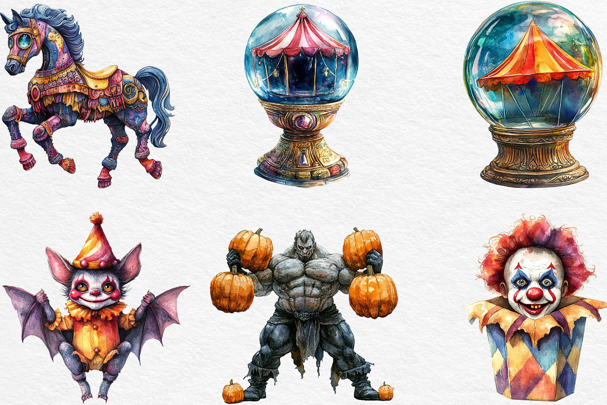 Watercolor Spooky Circus Clipart, an Illustration by Black Bird Studio (Photo 4 of 6)