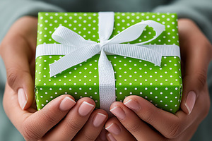Woman holds a green polka dot gift, a Holiday Photo by MistyDay