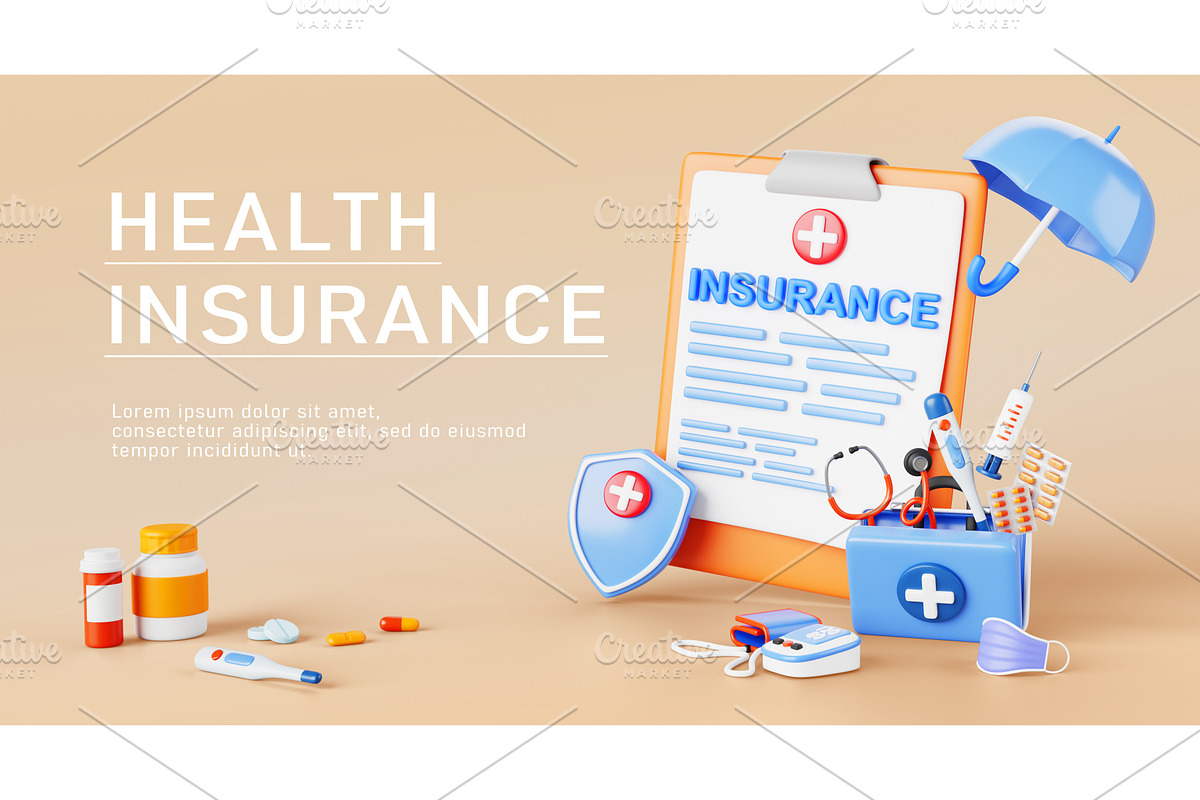 Health insurance 3d banner. Render, a Healthcare Illustration by Marozhkastudio
