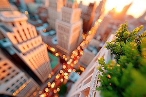 City skyline during sunset with green plant visible from a rooftop view, a Photo by AlyaAnd