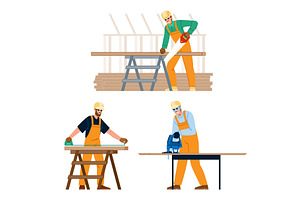 Carpenter men performing woodworking, an Illustration by pikepicture