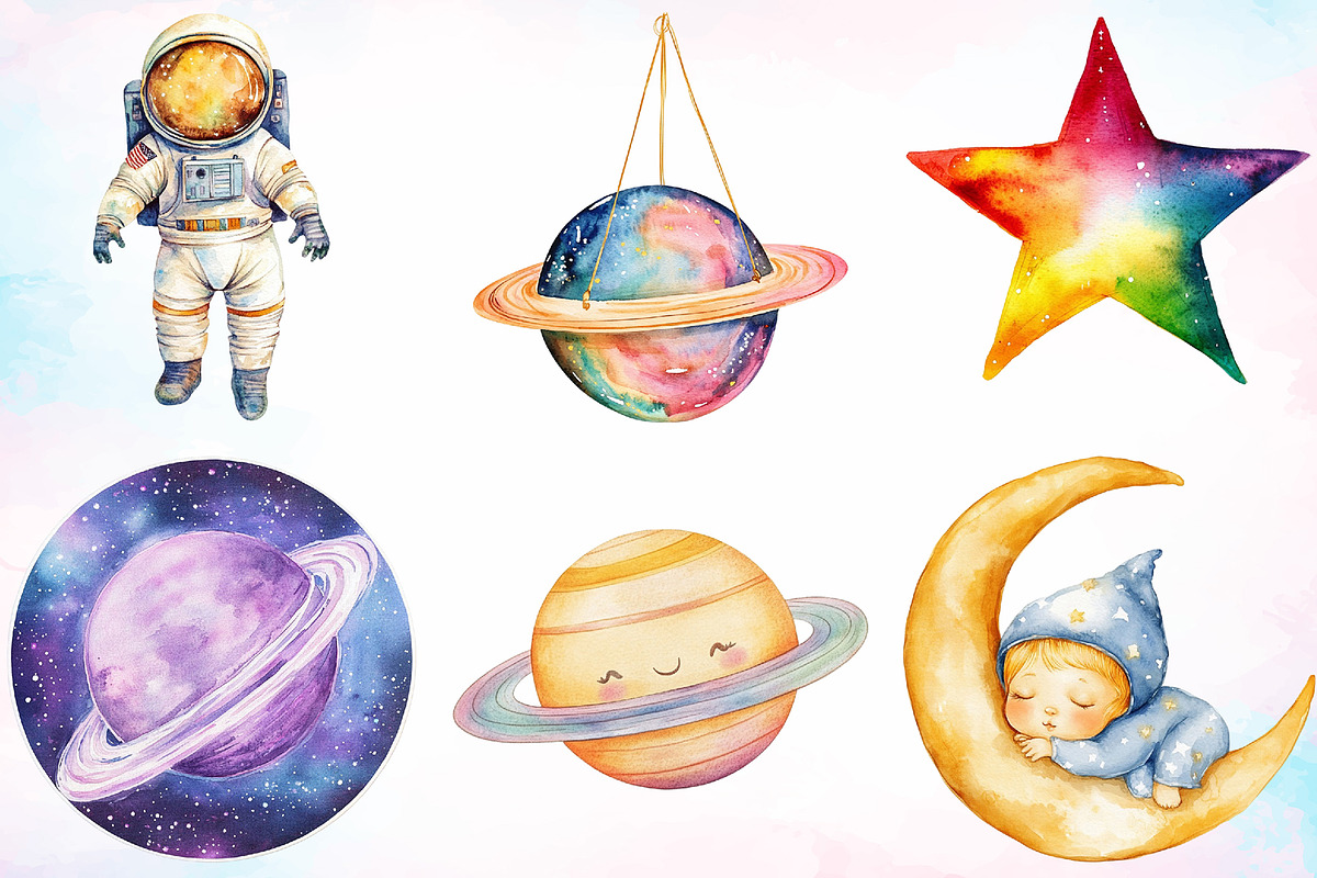 Watercolor Space Nursery Clipart PNG, a Seasonal Illustration by Canvas Craft (Photo 3 of 3)