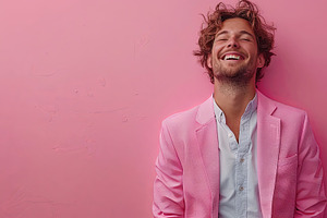 Joyful Young Man In Pink Blazer Smiling On Pink Background