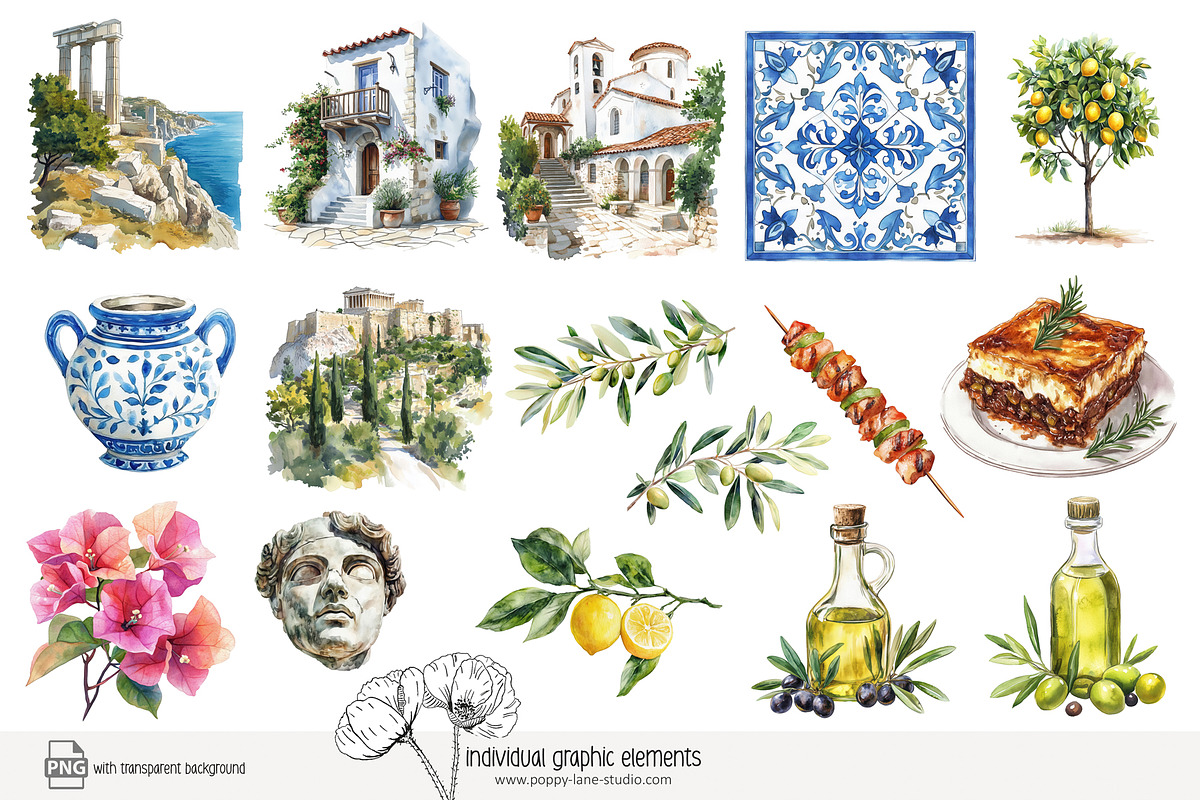 90 watercolour Greece clip art, a Seasonal Illustration by Poppy Lane Studio (Photo 9 of 12)