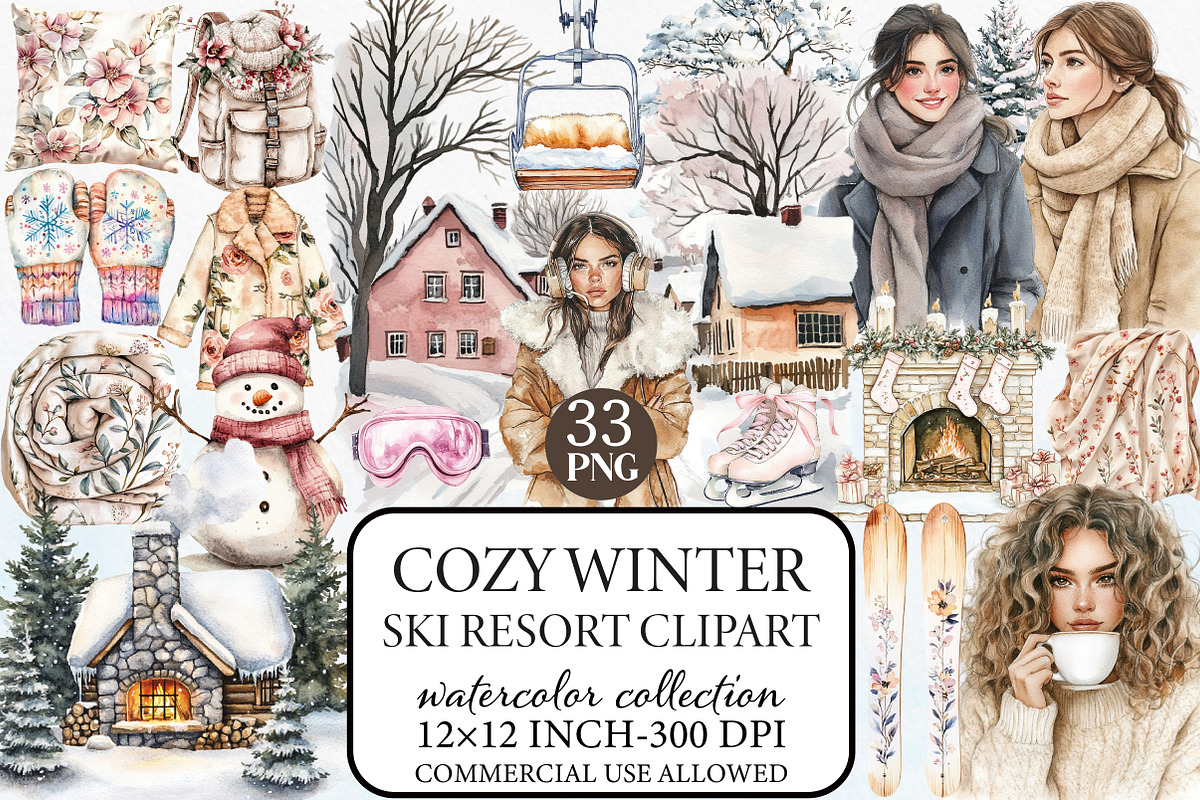 Watercolor Ski Resort Clipart, Cozy, an Illustration by Libby Wishes (Photo 1 of 8)
