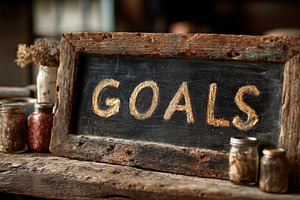 Rustic framed chalkboard displaying the word goals on a wooden table, a Photo by AS photostudio