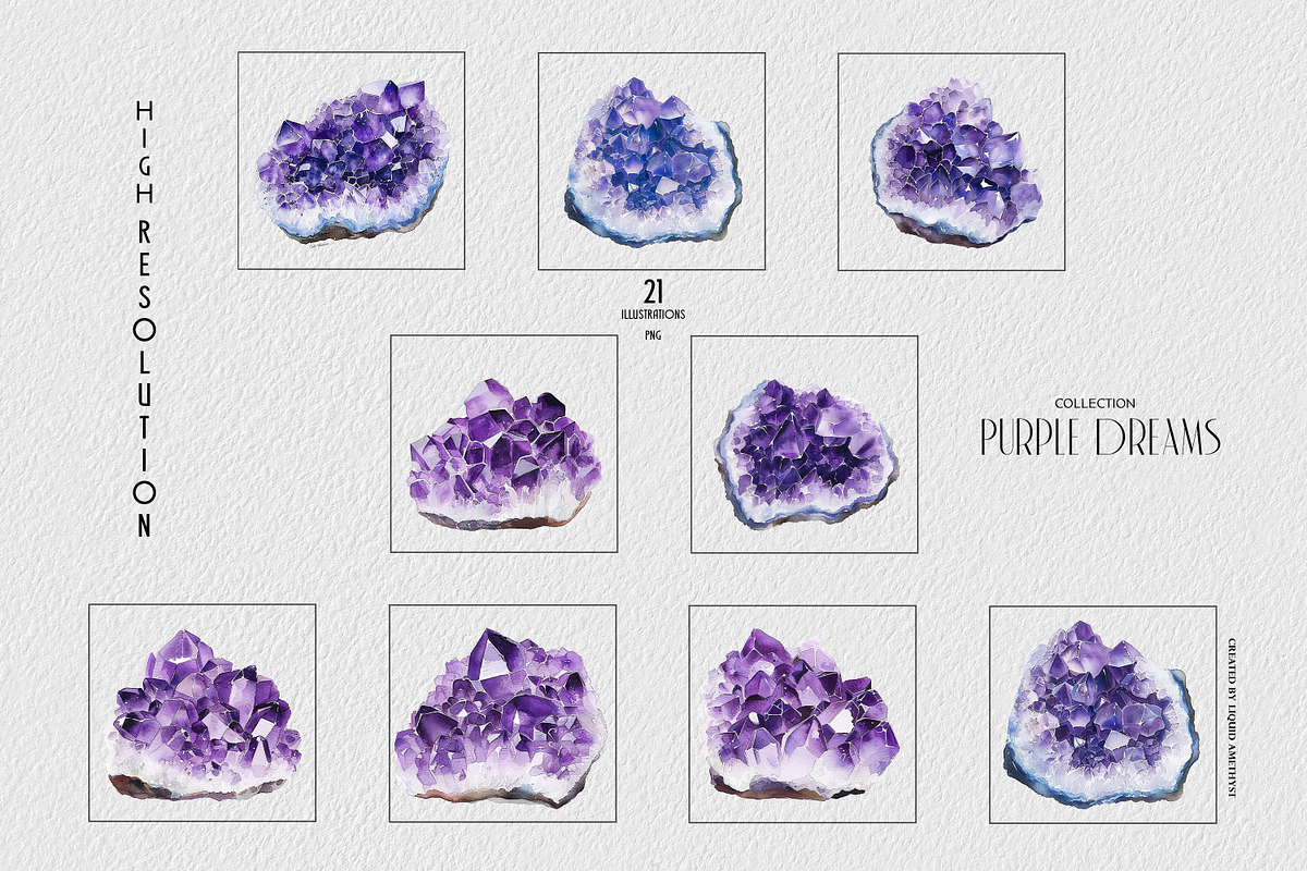 Purple Dreams Watercolor Geode Set, an Object Illustration by Liquid Amethyst Art (Photo 4 of 6)