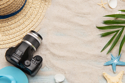 Summer beach vacation background with accessories creating relax