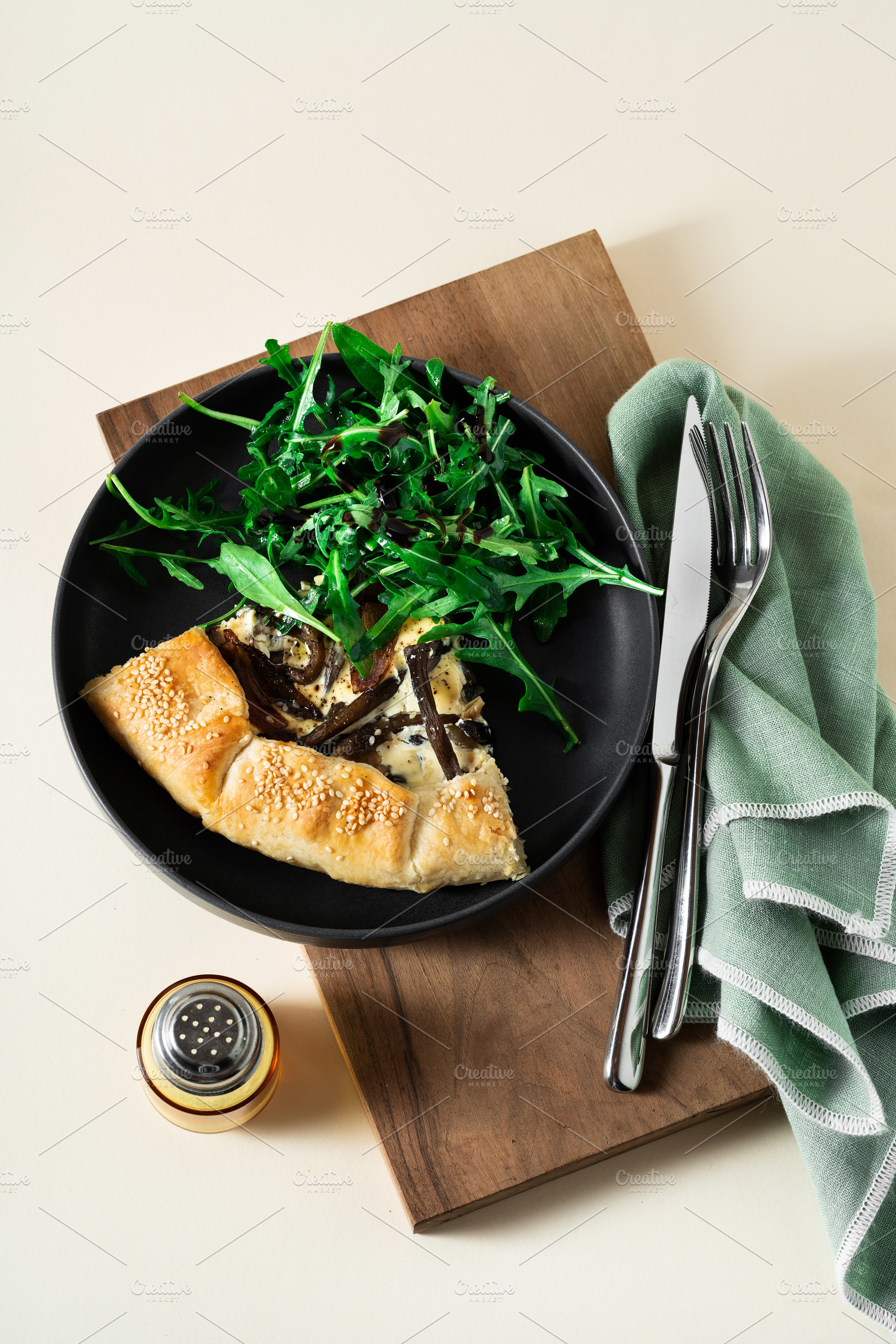 QUICHE LORRAINE pie with mushrooms and onions. minimalist style, a Food & Drink Photo by IriGri