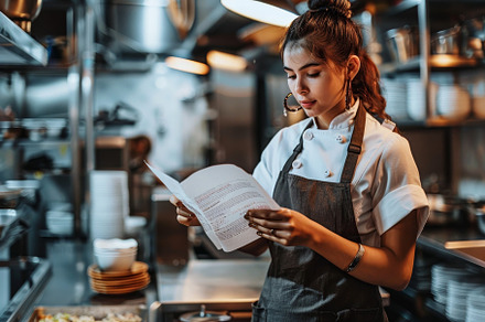 A young female chef stands focused w, a Photo by Tanuart