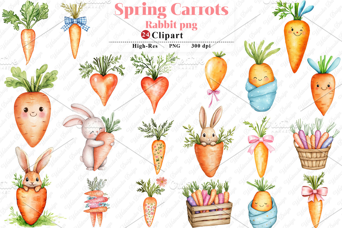 Spring Carrots Rabbit Clipart, an Illustration by Watercolor design (Photo 1 of 12)