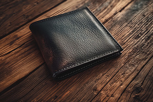A stylish black leather wallet resting on a rustic wooden surface, showcasing i, a Business Photo by ImageMir