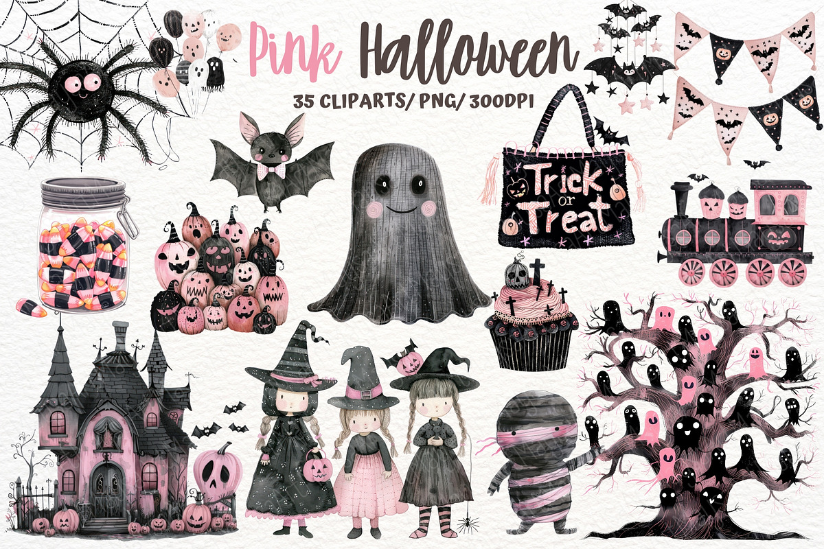 Pink Halloween Watercolor Clipart, a Seasonal Illustration by Maysa Art (Photo 1 of 6)