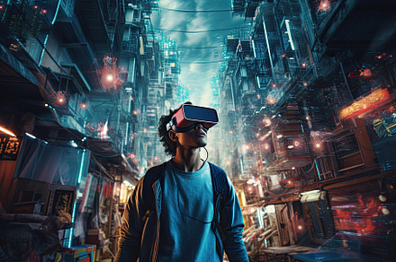 Young man with virtual reality heads, a Photo by Iftikhar Alam