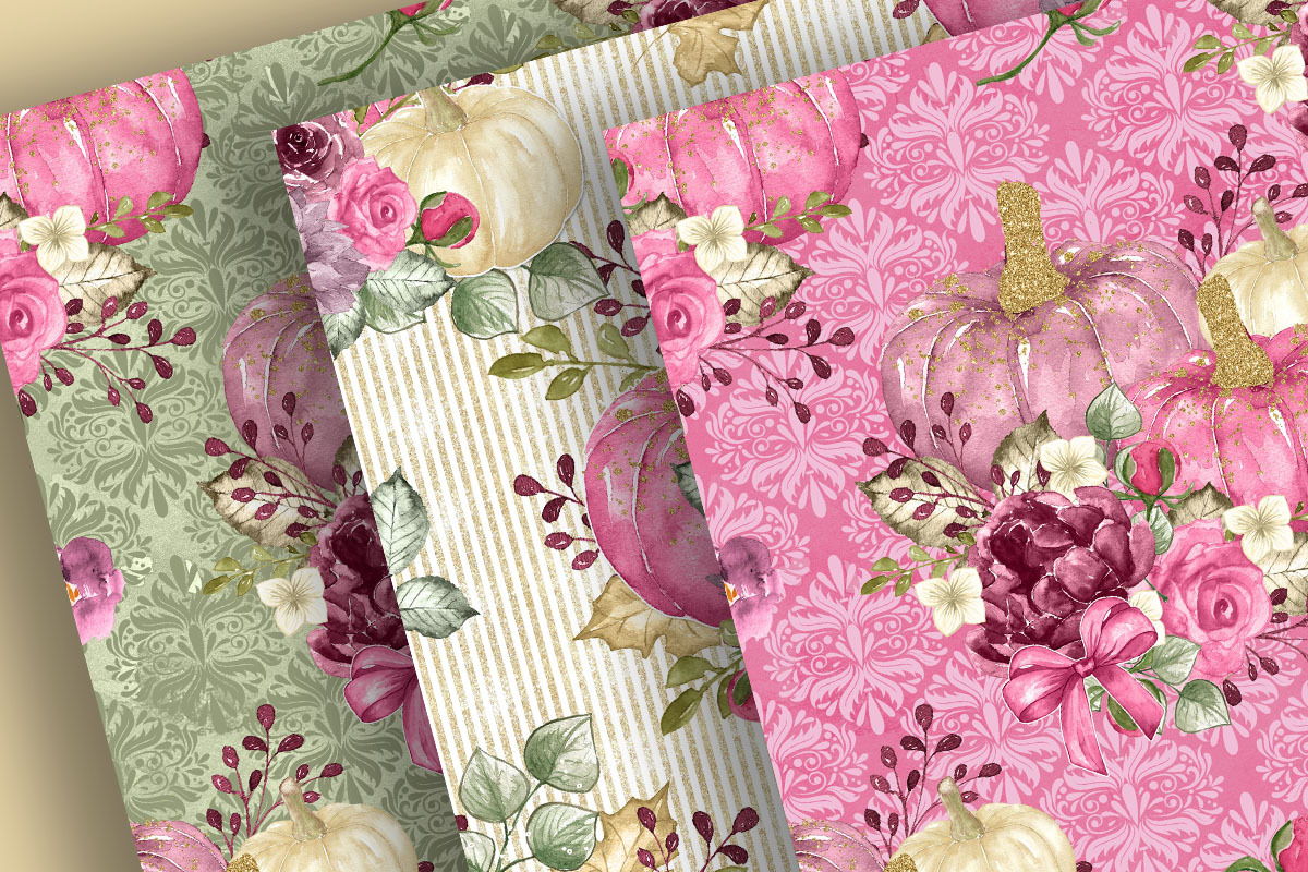 Pumpkin Floral digital paper pack, a Pattern Graphic by designloverstudio