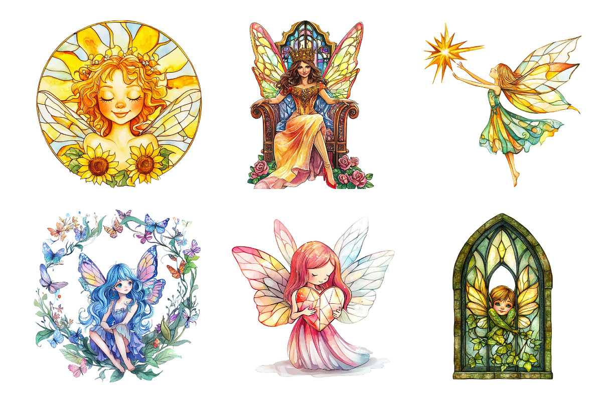 Fairies Stained Glass Watercolor Cli, an Illustration by DreamArtGraphic (Photo 3 of 4)
