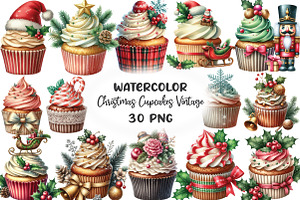 Christmas Cupcakes Vintage Clipart, an Illustration by CraftArtStudio
