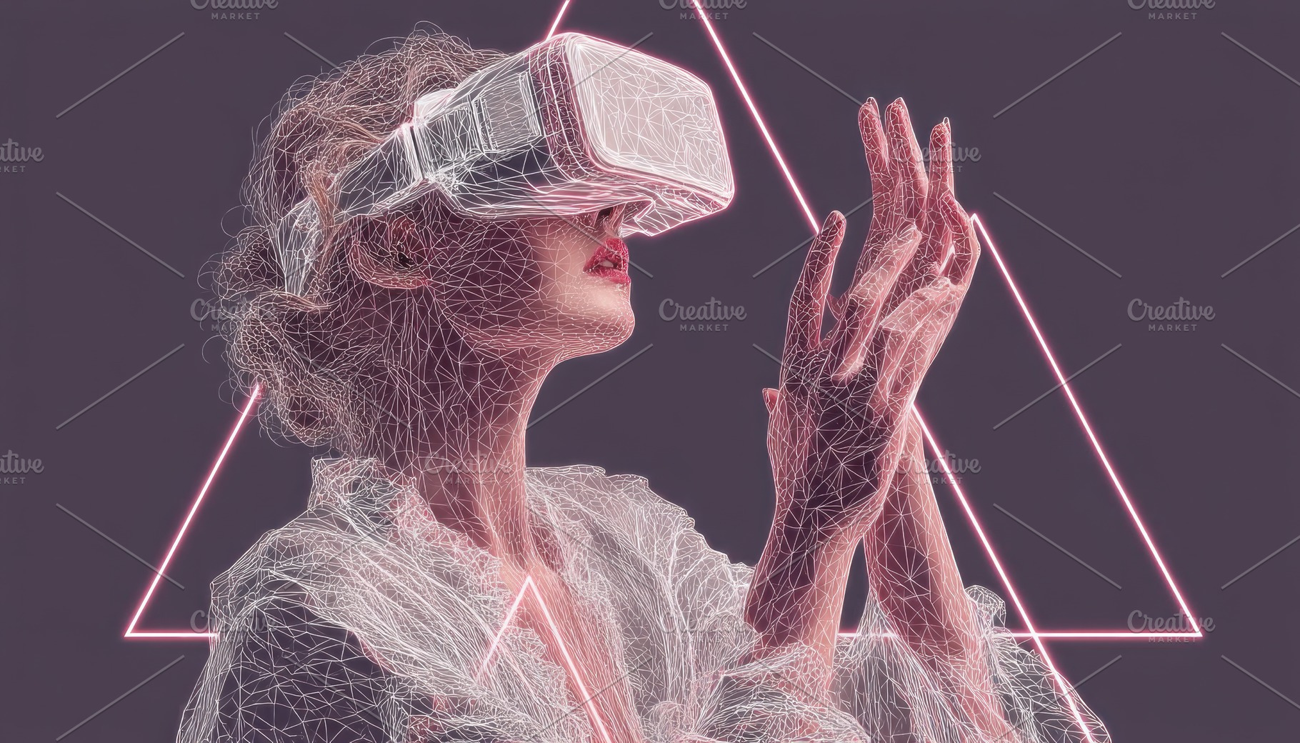 Elegant wireframe woman wearing VR headset reaching out with glo, an Abstract Photo by José Manuel Gelpi