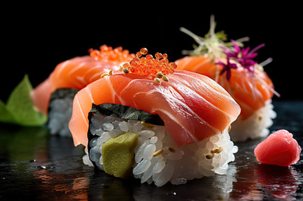 Illustration of assorted sushi. Seafood delicatessen., a Food & Drink Photo by AlyaAnd